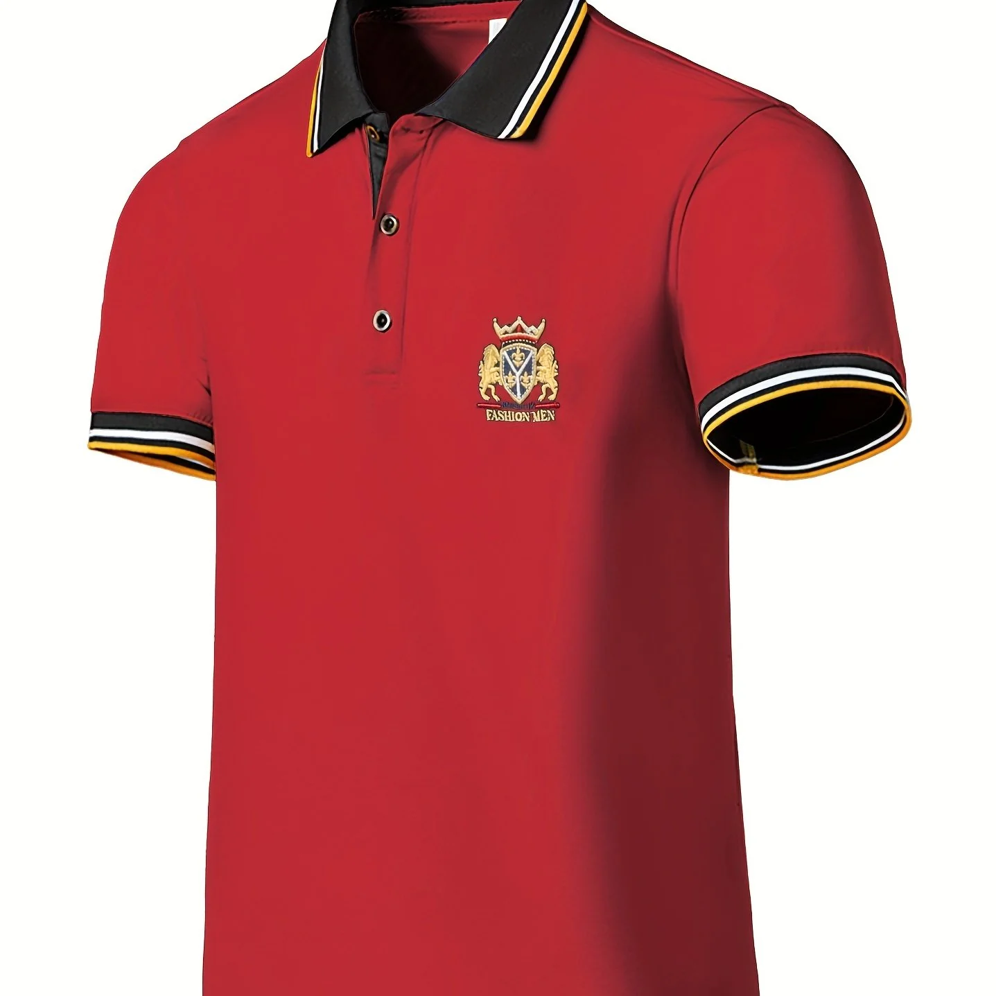 Men's Casual Shirt - Vibrant Red with Golden Embroidered Crest, Short Sleeve Summer Shirt, Regular Fit, Black & Yellow Trim Collar, Breathable Fabric for Casual & Semi-Formal Wear, Contrast Stripe Detailing - Image 16