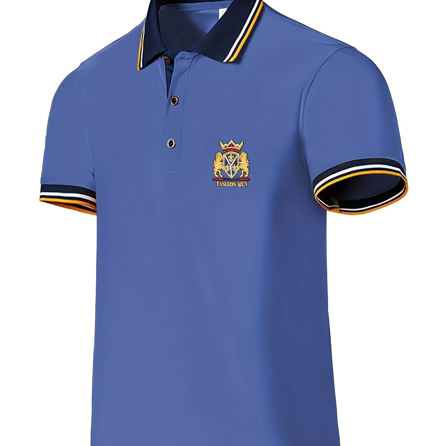 Men's Casual Shirt - Vibrant Red with Golden Embroidered Crest, Short Sleeve Summer Shirt, Regular Fit, Black & Yellow Trim Collar, Breathable Fabric for Casual & Semi-Formal Wear, Contrast Stripe Detailing - Image 17