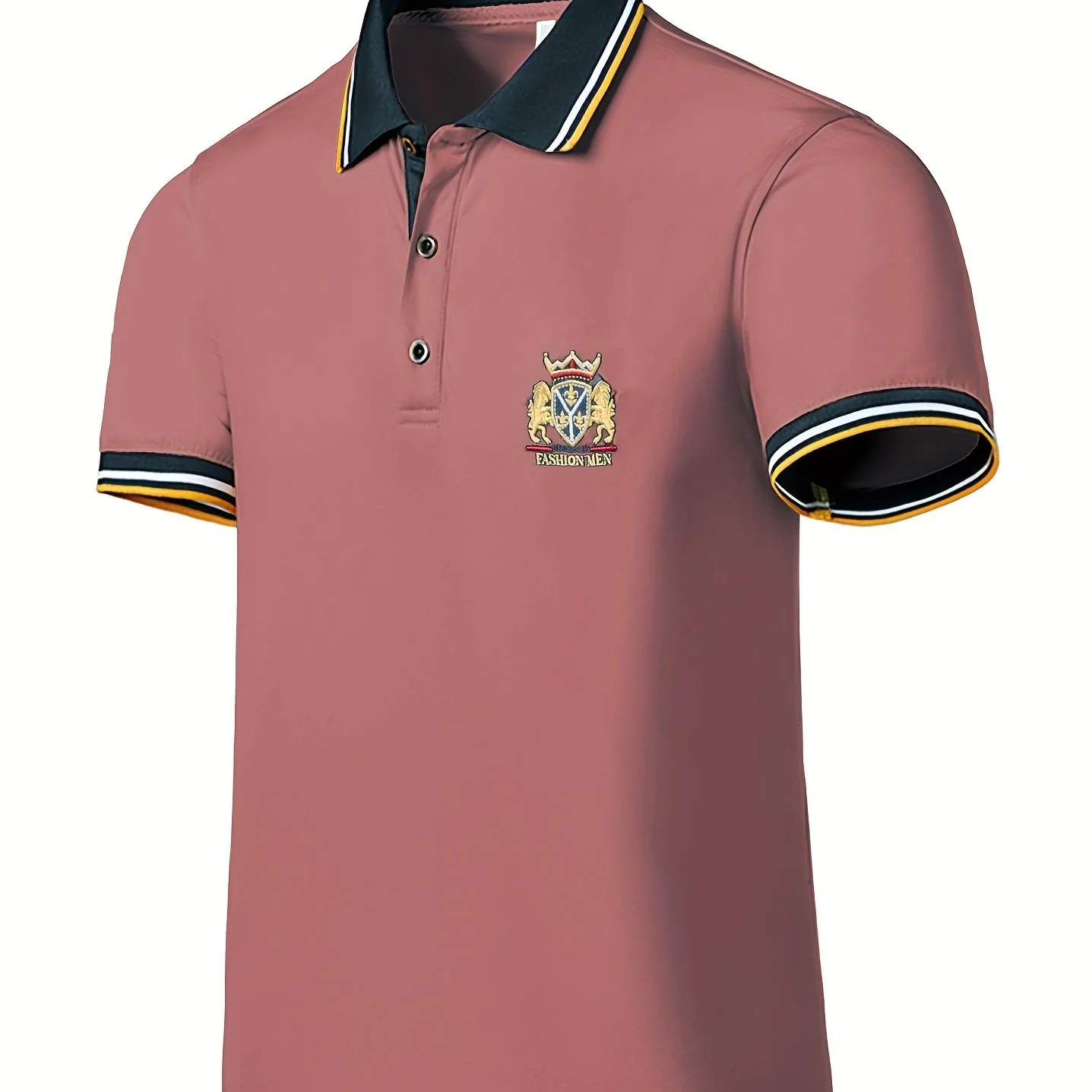 Men's Casual Shirt - Vibrant Red with Golden Embroidered Crest, Short Sleeve Summer Shirt, Regular Fit, Black & Yellow Trim Collar, Breathable Fabric for Casual & Semi-Formal Wear, Contrast Stripe Detailing - Image 18