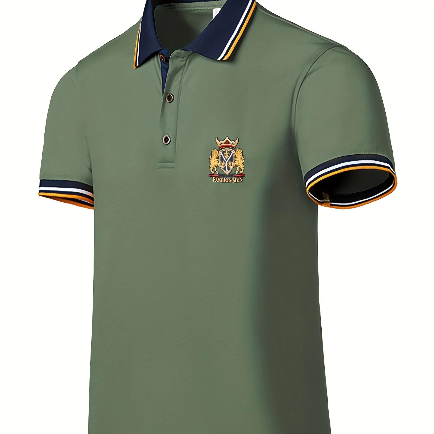 Men's Casual Shirt - Vibrant Red with Golden Embroidered Crest, Short Sleeve Summer Shirt, Regular Fit, Black & Yellow Trim Collar, Breathable Fabric for Casual & Semi-Formal Wear, Contrast Stripe Detailing - Image 19