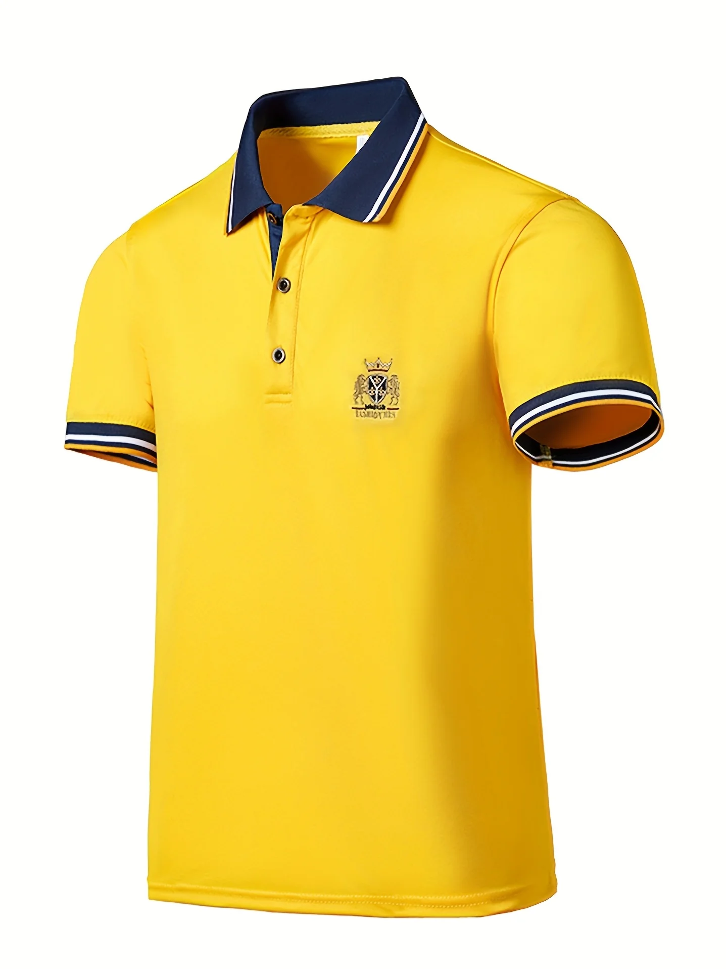 Men's Casual Shirt - Vibrant Red with Golden Embroidered Crest, Short Sleeve Summer Shirt, Regular Fit, Black & Yellow Trim Collar, Breathable Fabric for Casual & Semi-Formal Wear, Contrast Stripe Detailing - Image 2