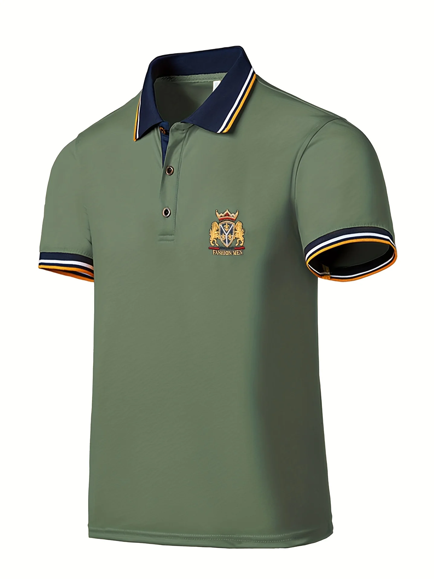 Men's Casual Shirt - Vibrant Red with Golden Embroidered Crest, Short Sleeve Summer Shirt, Regular Fit, Black & Yellow Trim Collar, Breathable Fabric for Casual & Semi-Formal Wear, Contrast Stripe Detailing - Image 3