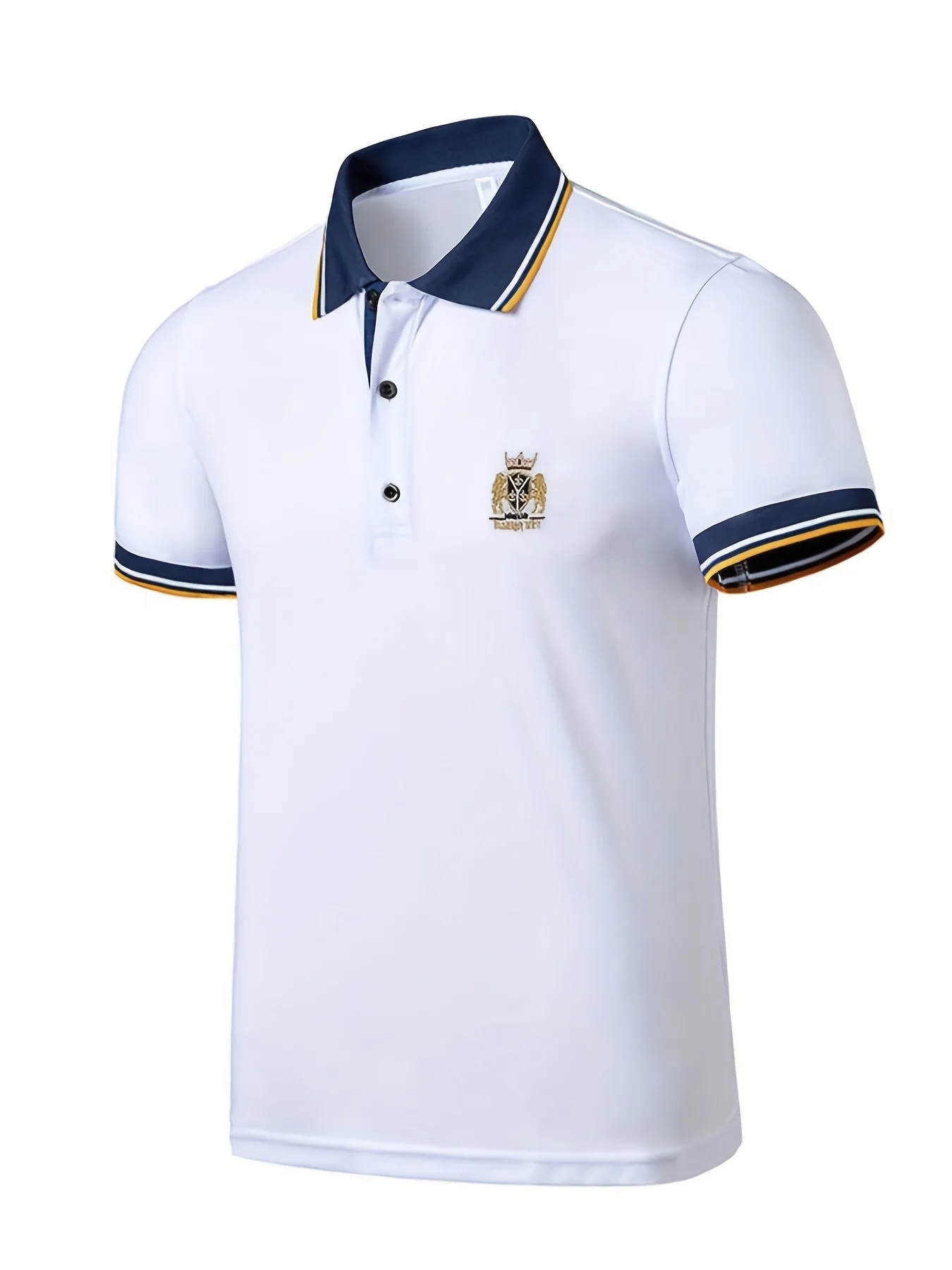 Men's Casual Shirt - Vibrant Red with Golden Embroidered Crest, Short Sleeve Summer Shirt, Regular Fit, Black & Yellow Trim Collar, Breathable Fabric for Casual & Semi-Formal Wear, Contrast Stripe Detailing - Image 4