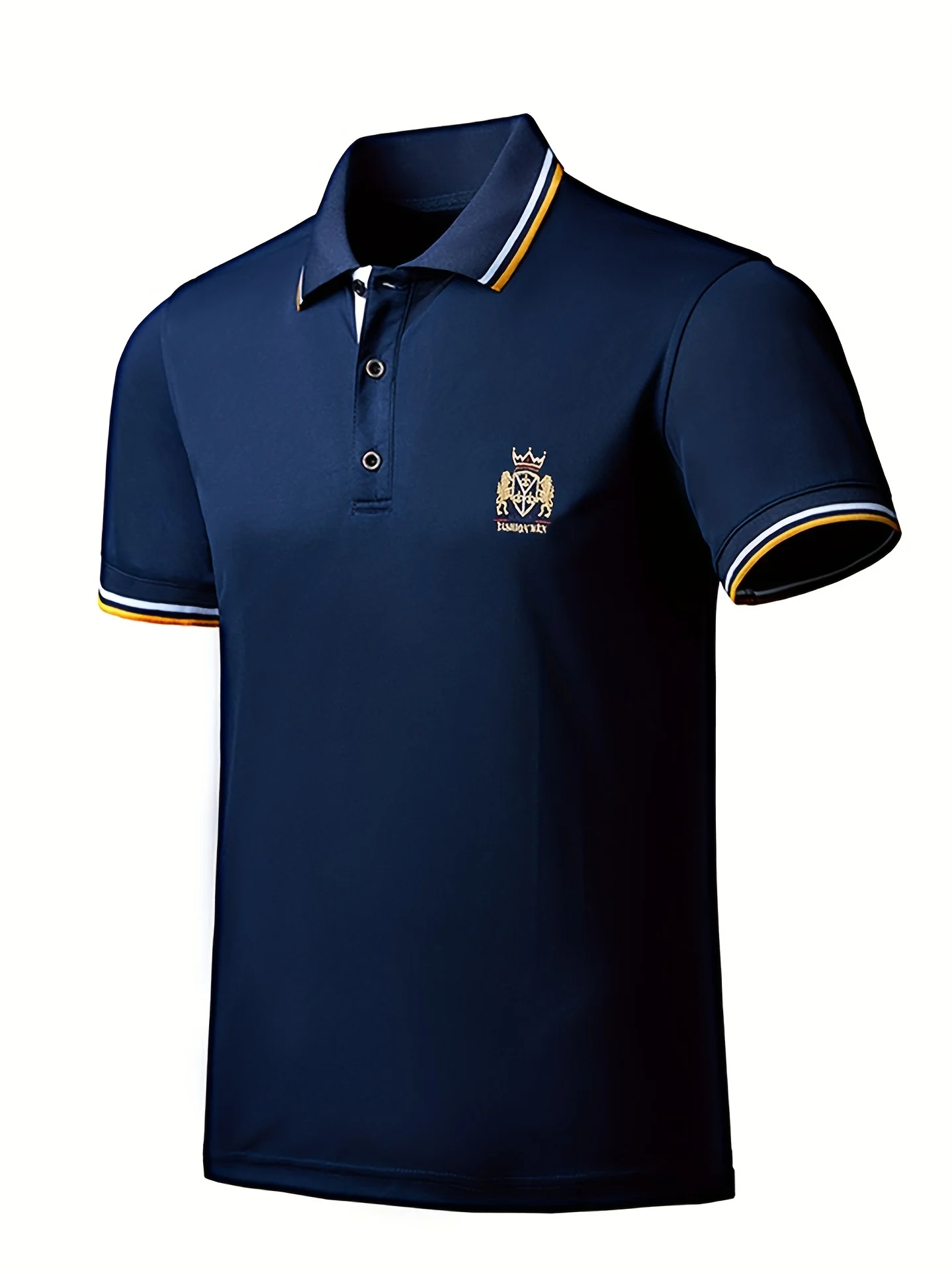 Men's Casual Shirt - Vibrant Red with Golden Embroidered Crest, Short Sleeve Summer Shirt, Regular Fit, Black & Yellow Trim Collar, Breathable Fabric for Casual & Semi-Formal Wear, Contrast Stripe Detailing - Image 5