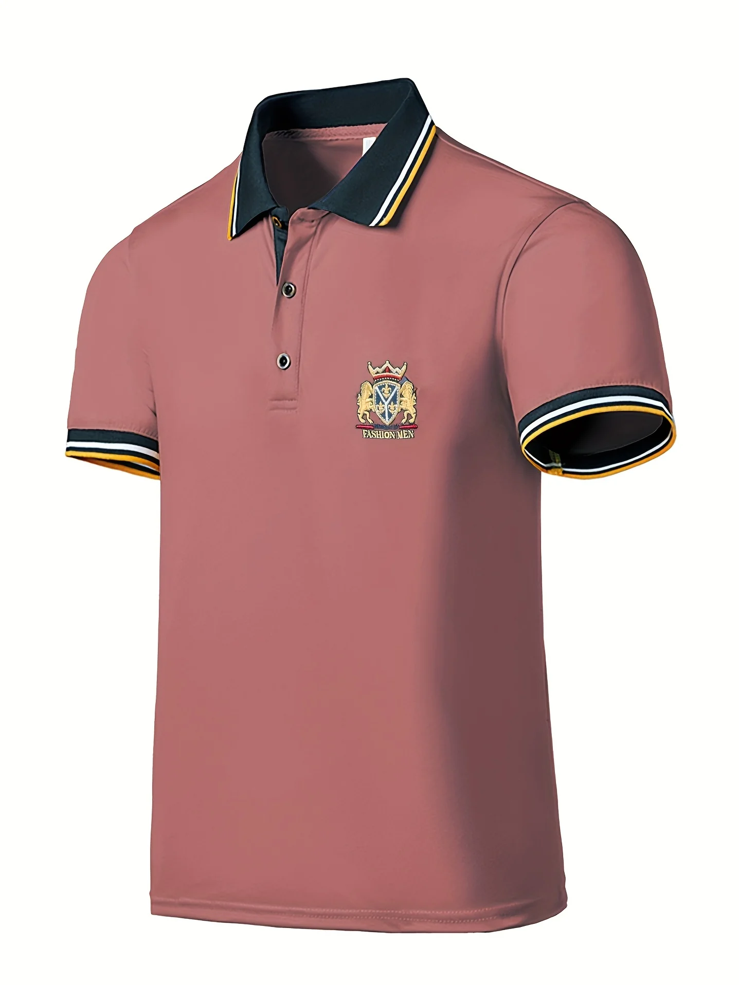 Men's Casual Shirt - Vibrant Red with Golden Embroidered Crest, Short Sleeve Summer Shirt, Regular Fit, Black & Yellow Trim Collar, Breathable Fabric for Casual & Semi-Formal Wear, Contrast Stripe Detailing - Image 6
