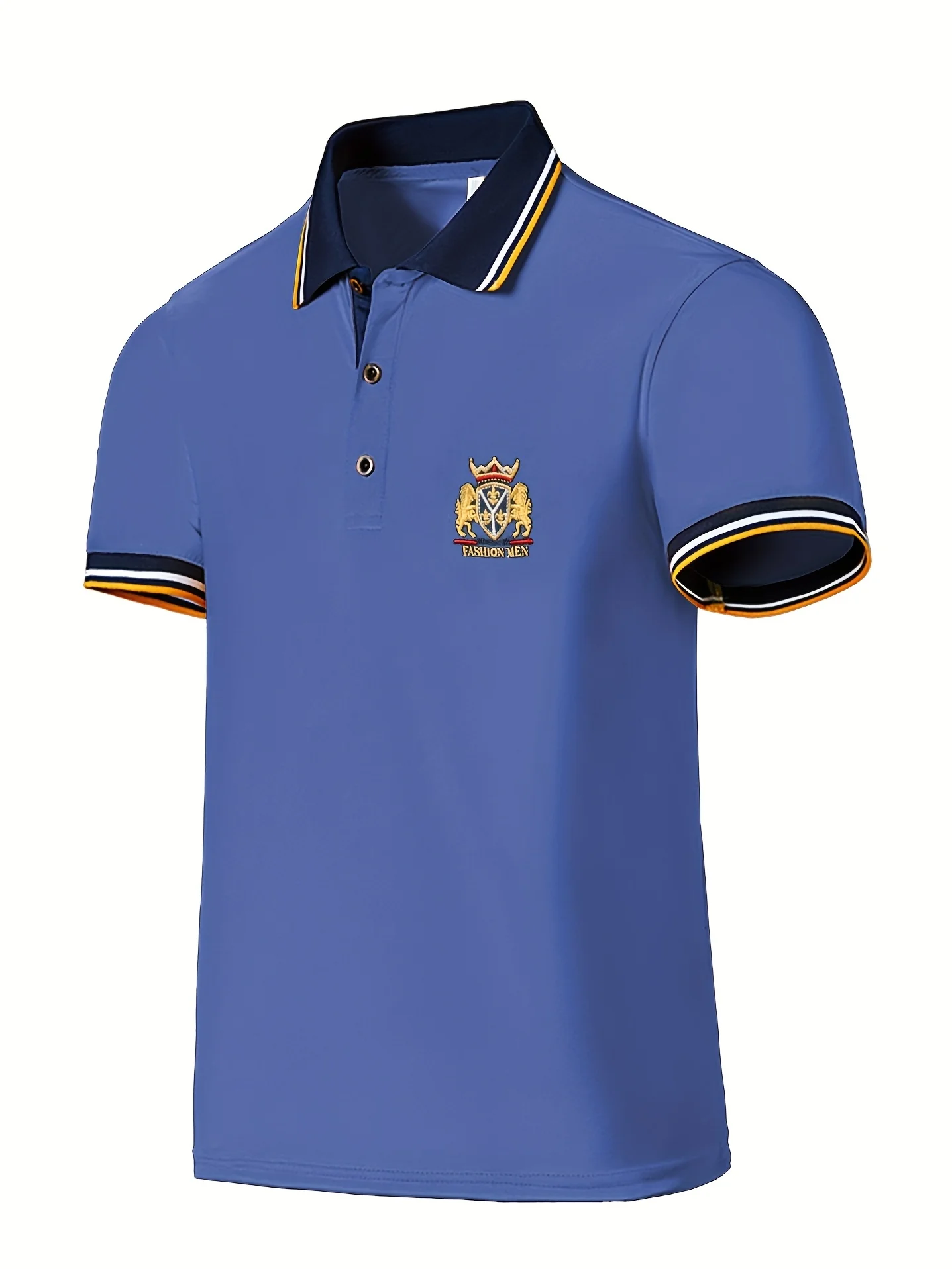 Men's Casual Shirt - Vibrant Red with Golden Embroidered Crest, Short Sleeve Summer Shirt, Regular Fit, Black & Yellow Trim Collar, Breathable Fabric for Casual & Semi-Formal Wear, Contrast Stripe Detailing - Image 7