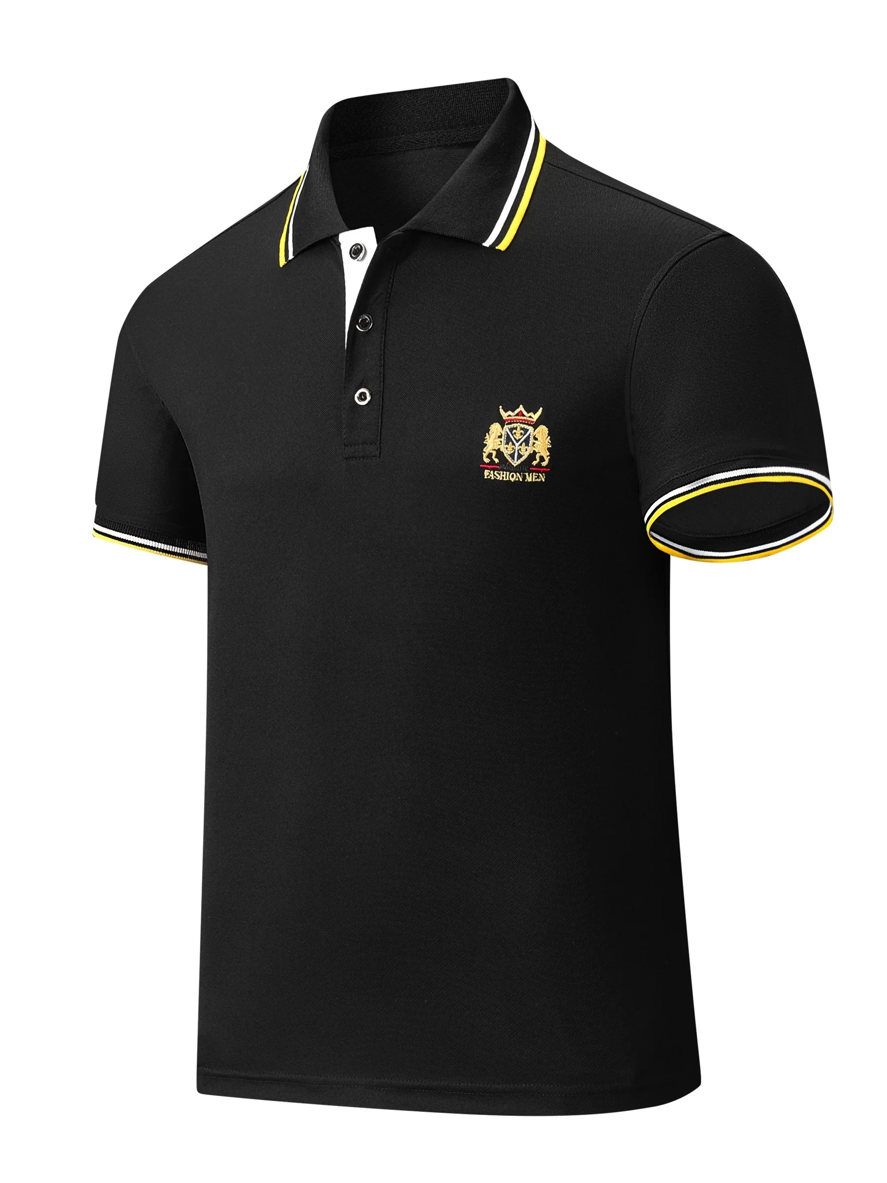 Men's Casual Shirt - Vibrant Red with Golden Embroidered Crest, Short Sleeve Summer Shirt, Regular Fit, Black & Yellow Trim Collar, Breathable Fabric for Casual & Semi-Formal Wear, Contrast Stripe Detailing - Image 8