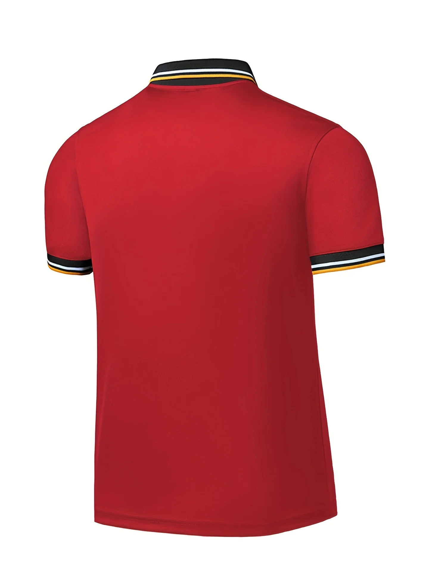 Men's Casual Shirt - Vibrant Red with Golden Embroidered Crest, Short Sleeve Summer Shirt, Regular Fit, Black & Yellow Trim Collar, Breathable Fabric for Casual & Semi-Formal Wear, Contrast Stripe Detailing - Image 9