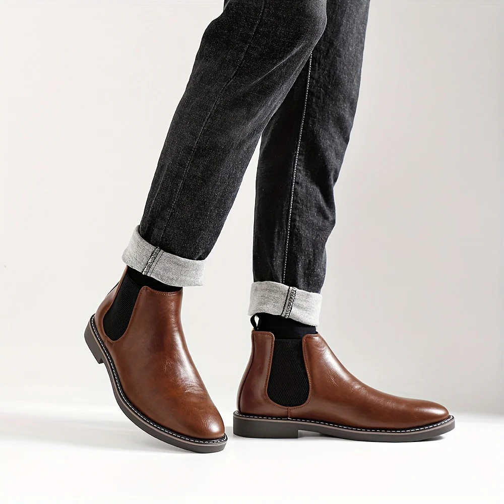Men'S Chelsea Ankle Boots - Size 40-46, Brown Faux Cover with Black Elastic Band, Pointed Toe, TPR Sole, Ideal for Casual Wear and Vacation - Image 9