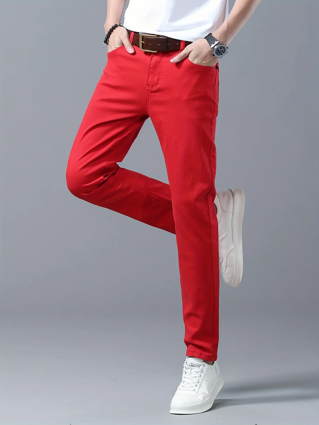 Men's Classic Red Jeans - Opaque Stretch Denim Pants, Machine Wash Suitable for Year-Round Wear - Adult Men's Clothing - Image 3