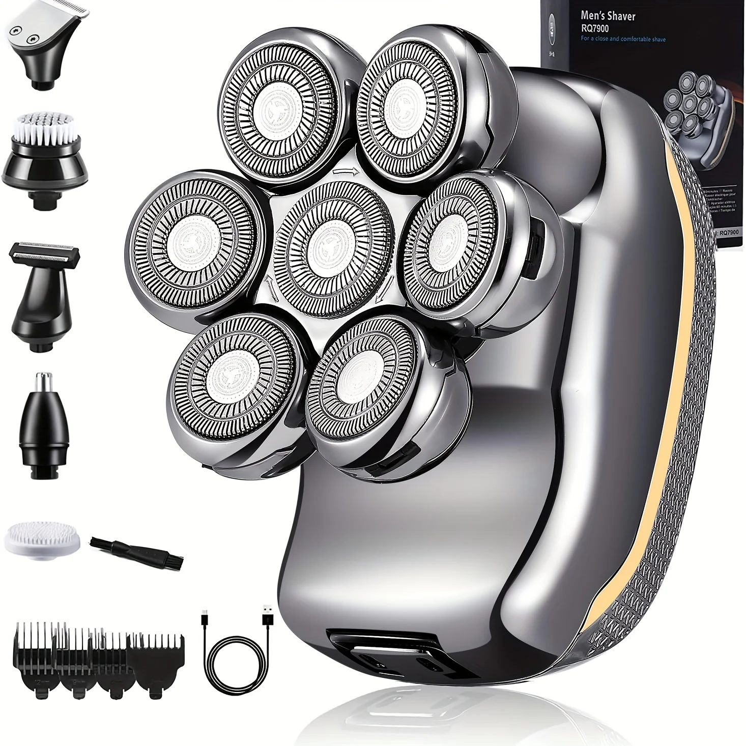 Men'S Electric Head Shaver Razor - Rechargeable Cordless Hair Shaving Razors for Bald Man 6 in 1 Wet Dry Beard Trimmer Body Hair Cutting Clipper Grooming Kit 7 Rotary Heads (Gray) - Power Supply: USB Charging (built-in Batter