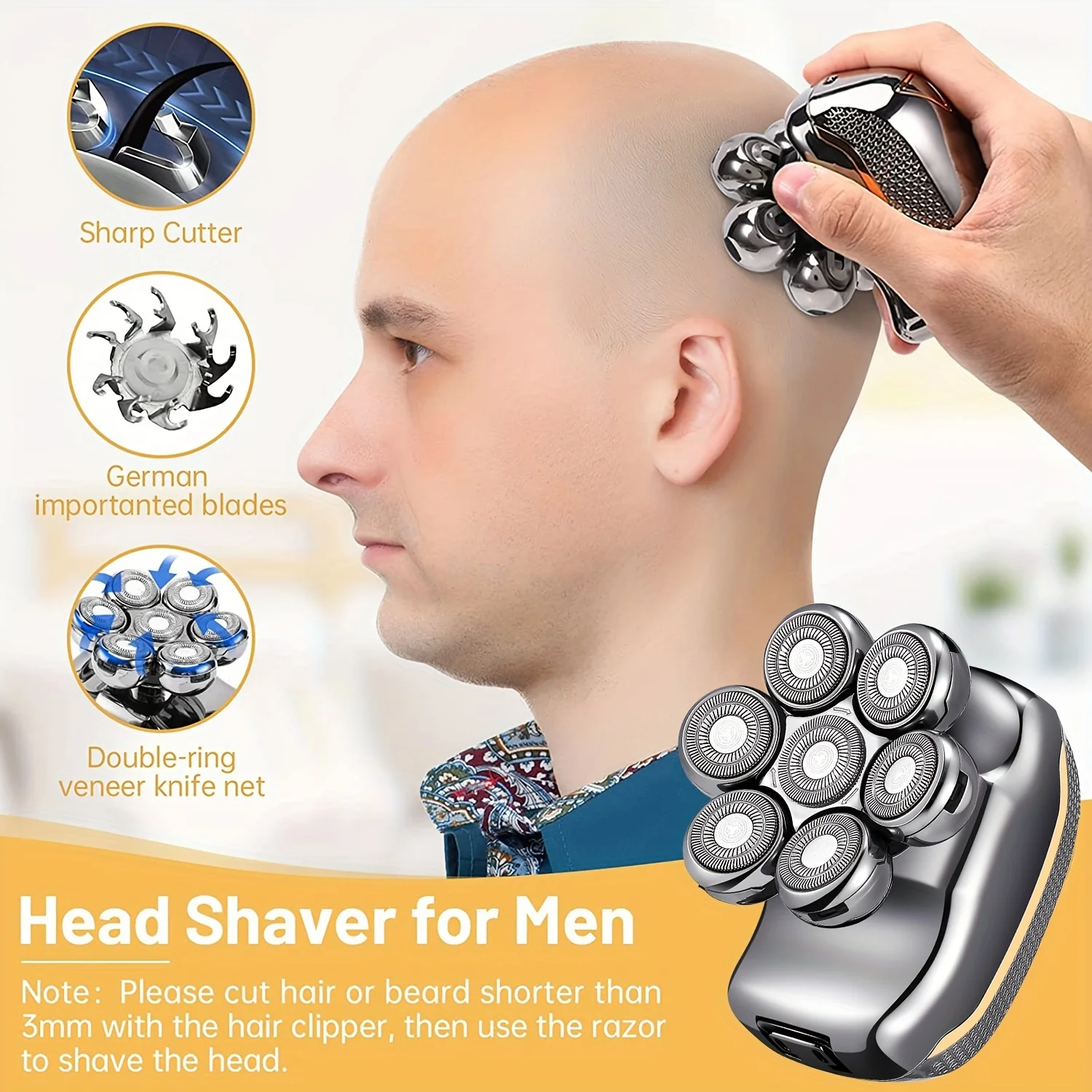 Men'S Electric Head Shaver Razor - Rechargeable Cordless Hair Shaving Razors for Bald Man 6 in 1 Wet Dry Beard Trimmer Body Hair Cutting Clipper Grooming Kit 7 Rotary Heads (Gray) - Power Supply: USB Charging (built-in Batter - Image 2