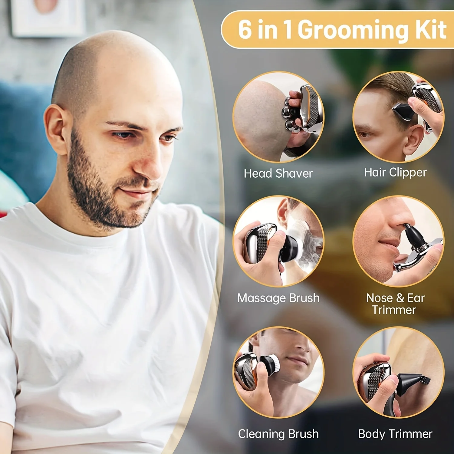 Men'S Electric Head Shaver Razor - Rechargeable Cordless Hair Shaving Razors for Bald Man 6 in 1 Wet Dry Beard Trimmer Body Hair Cutting Clipper Grooming Kit 7 Rotary Heads (Gray) - Power Supply: USB Charging (built-in Batter - Image 3