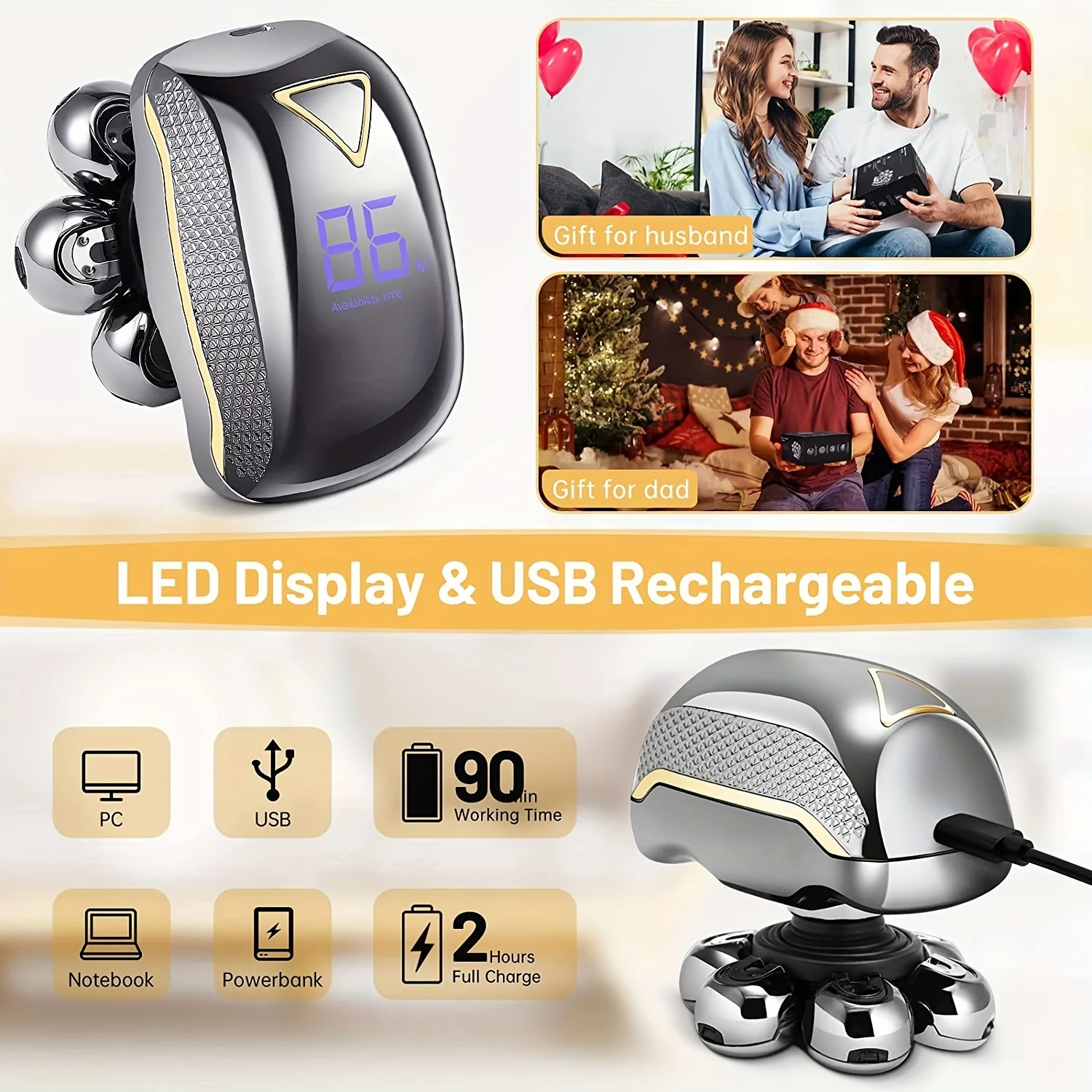 Men'S Electric Head Shaver Razor - Rechargeable Cordless Hair Shaving Razors for Bald Man 6 in 1 Wet Dry Beard Trimmer Body Hair Cutting Clipper Grooming Kit 7 Rotary Heads (Gray) - Power Supply: USB Charging (built-in Batter - Image 5