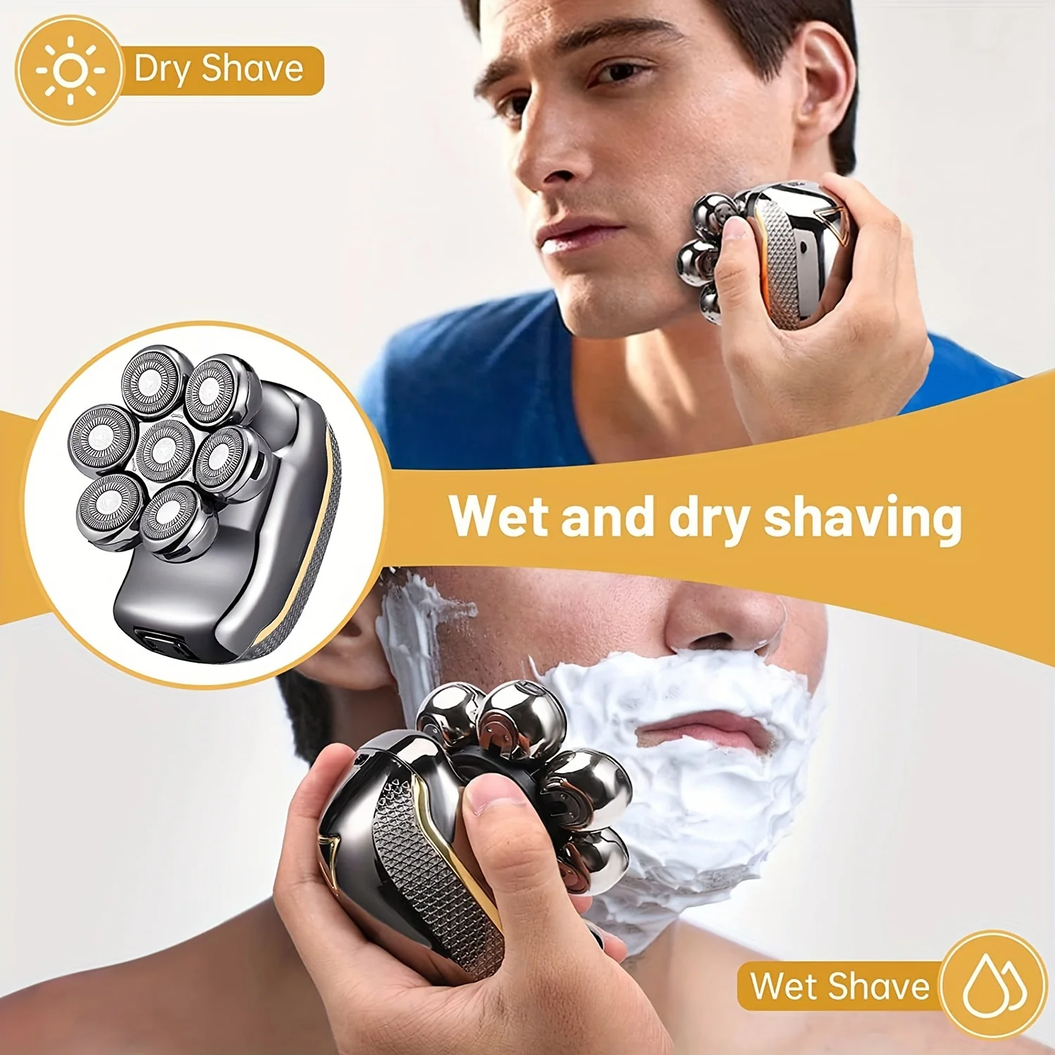 Men'S Electric Head Shaver Razor - Rechargeable Cordless Hair Shaving Razors for Bald Man 6 in 1 Wet Dry Beard Trimmer Body Hair Cutting Clipper Grooming Kit 7 Rotary Heads (Gray) - Power Supply: USB Charging (built-in Batter - Image 6