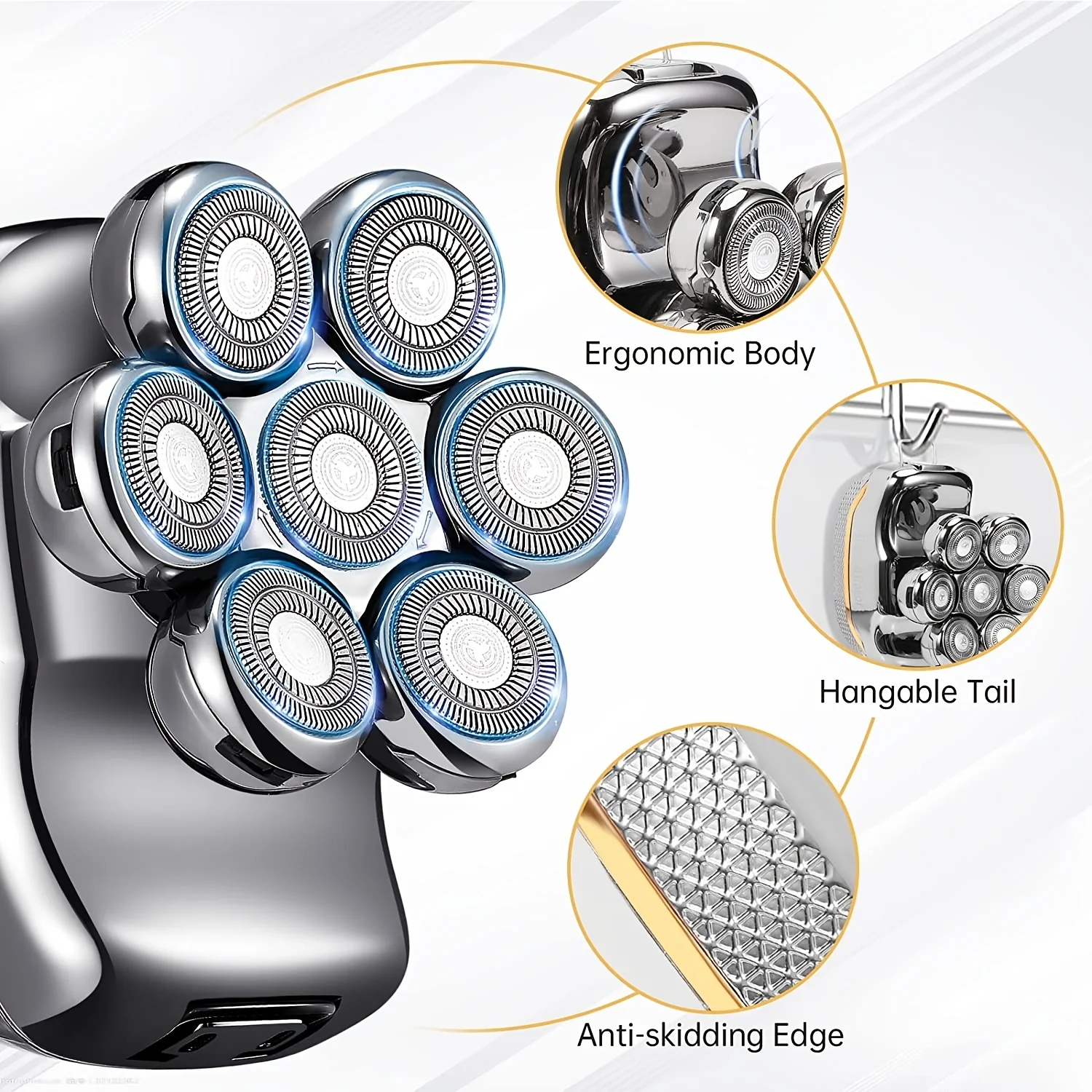 Men'S Electric Head Shaver Razor - Rechargeable Cordless Hair Shaving Razors for Bald Man 6 in 1 Wet Dry Beard Trimmer Body Hair Cutting Clipper Grooming Kit 7 Rotary Heads (Gray) - Power Supply: USB Charging (built-in Batter - Image 7