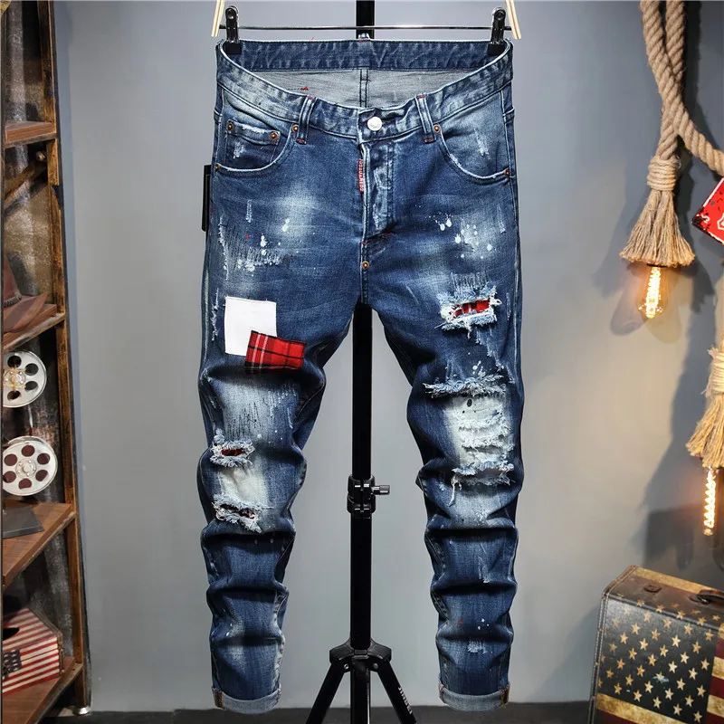 Men's Fashion Ripped Jeans High Quality Luxury Brand Men Slim Fit Fashion Small Foot Blue Pants Male Stretch Skinny Jeans 54 - Image 9