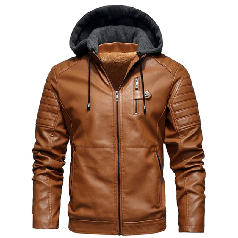 Men's Fleece Liner PU Leather Jackets Coats With Hood Autumn Winter Casual Motorcycle Jacket For Men Windbreaker Biker Jackets - Image 2