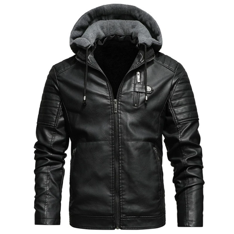 Men's Fleece Liner PU Leather Jackets Coats With Hood Autumn Winter Casual Motorcycle Jacket For Men Windbreaker Biker Jackets - Image 3