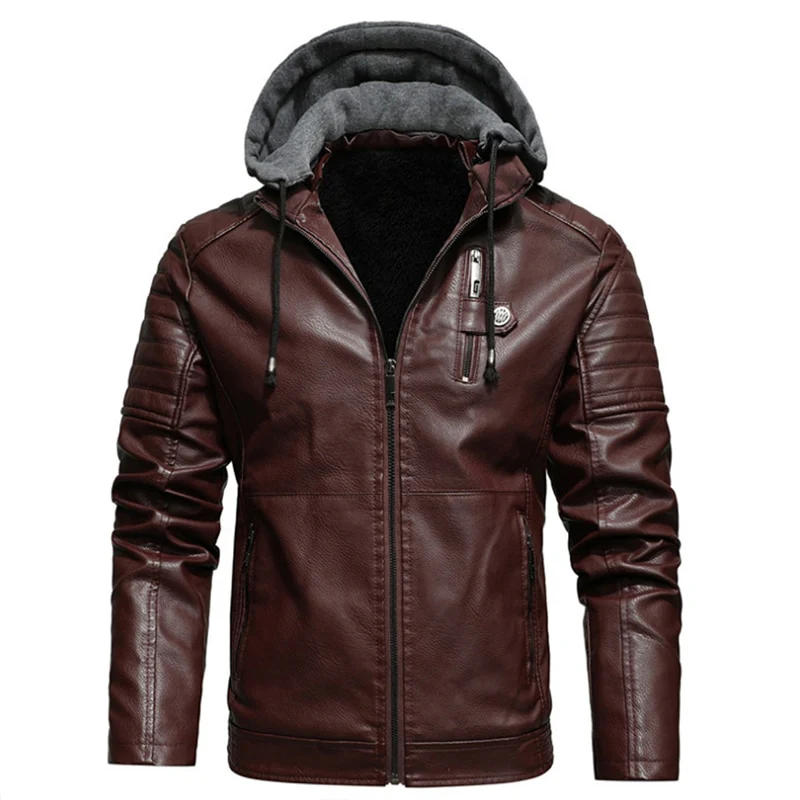 Men's Fleece Liner PU Leather Jackets Coats With Hood Autumn Winter Casual Motorcycle Jacket For Men Windbreaker Biker Jackets - Image 4