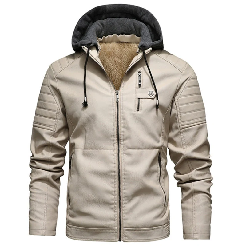 Men's Fleece Liner PU Leather Jackets Coats With Hood Autumn Winter Casual Motorcycle Jacket For Men Windbreaker Biker Jackets - Image 5