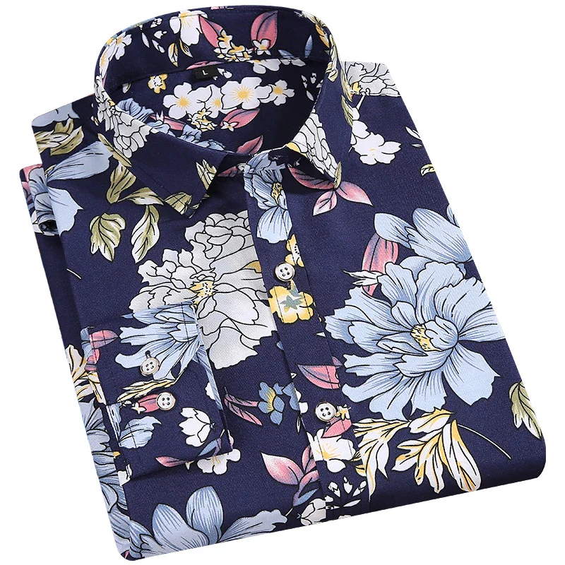 Men's Floral Print Shirts Long Sleeve Casual Shirts Flower Printing Polyester Thin Hawaiian Slim Fit Dress Shirt Men Clothing - Image 12