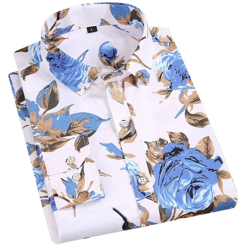 Men's Floral Print Shirts Long Sleeve Casual Shirts Flower Printing Polyester Thin Hawaiian Slim Fit Dress Shirt Men Clothing - Image 5