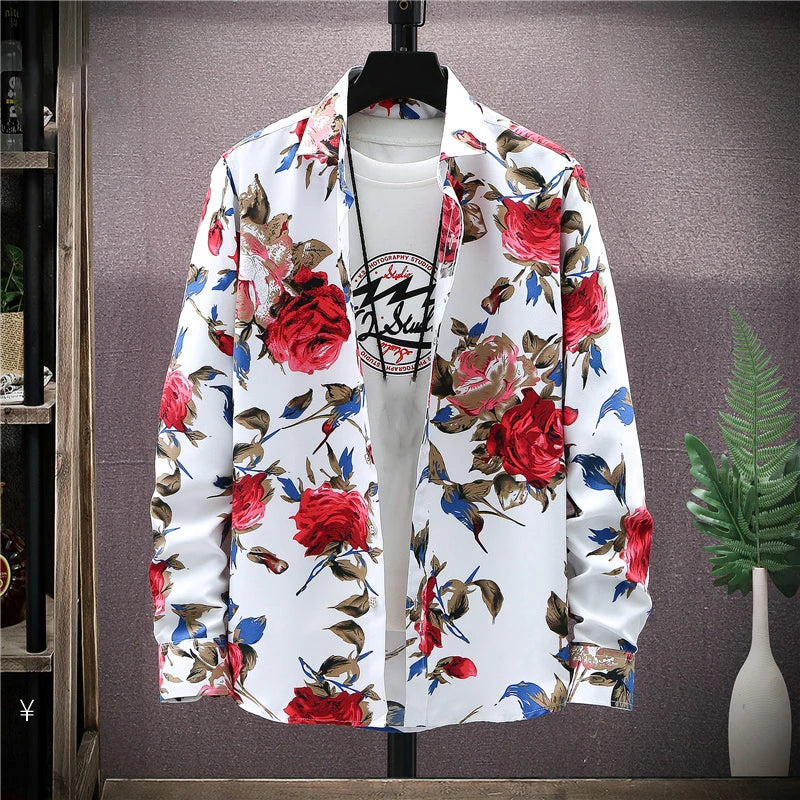 Men's Floral Print Shirts Long Sleeve Casual Shirts Flower Printing Polyester Thin Hawaiian Slim Fit Dress Shirt Men Clothing - Image 6