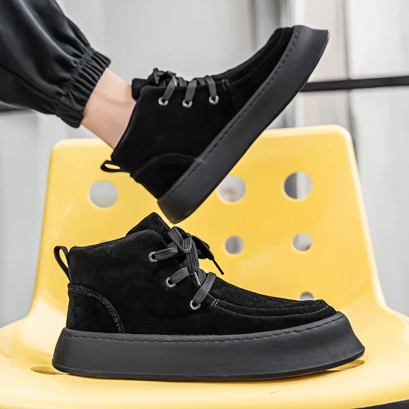 Men's High-top Boots in Solid Colors Flat Heels and Lace-up A Trendy Brand Design for The Four Seasons Fashion Walking Boots - Image 2
