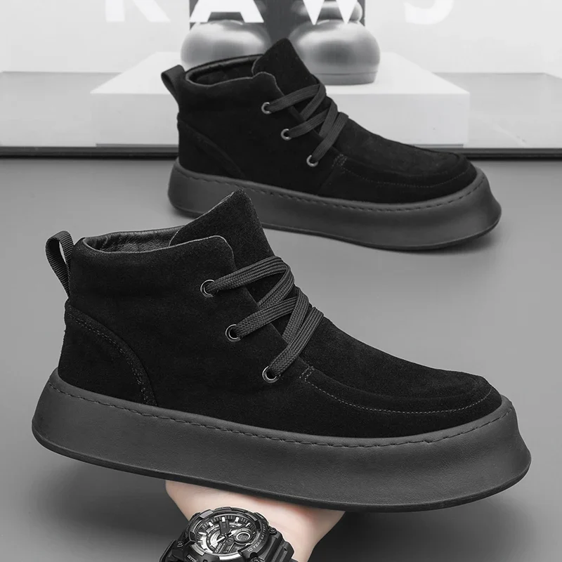 Men's High-top Boots in Solid Colors Flat Heels and Lace-up A Trendy Brand Design for The Four Seasons Fashion Walking Boots - Image 3