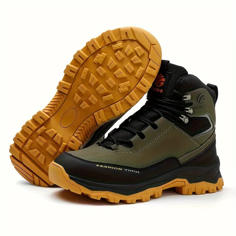Men's High Top Color Block Steel Toe & Puncture Proof Work Boots, Comfy Non Slip Durable Rubber Sole Lace Up Shoes, Men's Footwear - Image 2