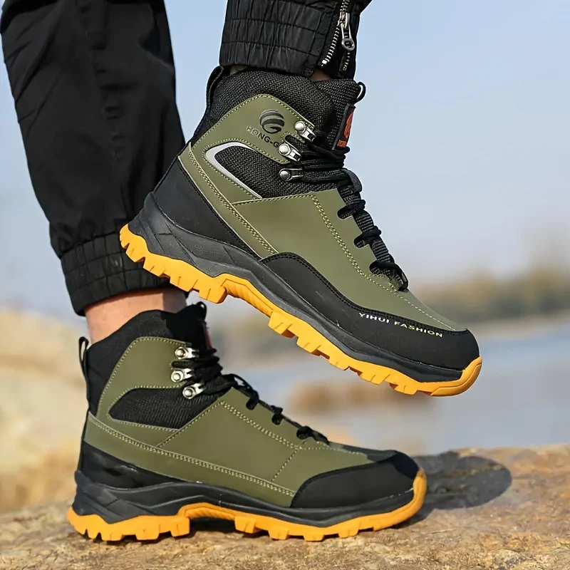 Men's High Top Color Block Steel Toe & Puncture Proof Work Boots, Comfy Non Slip Durable Rubber Sole Lace Up Shoes, Men's Footwear - Image 3