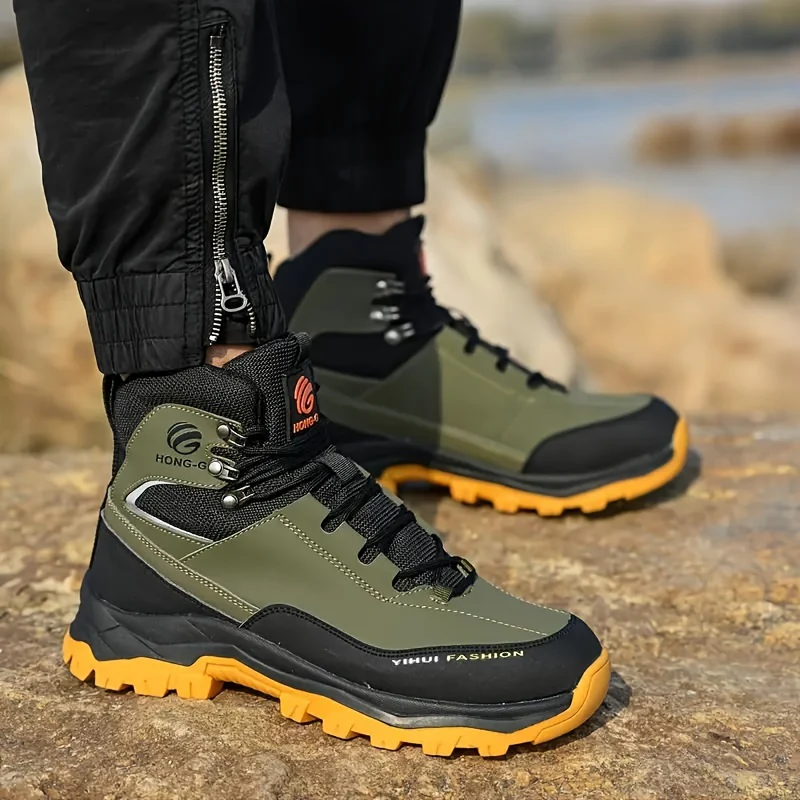Men's High Top Color Block Steel Toe & Puncture Proof Work Boots, Comfy Non Slip Durable Rubber Sole Lace Up Shoes, Men's Footwear - Image 4