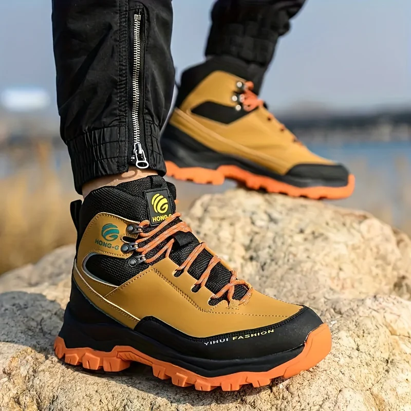 Men's High Top Color Block Steel Toe & Puncture Proof Work Boots, Comfy Non Slip Durable Rubber Sole Lace Up Shoes, Men's Footwear - Image 5