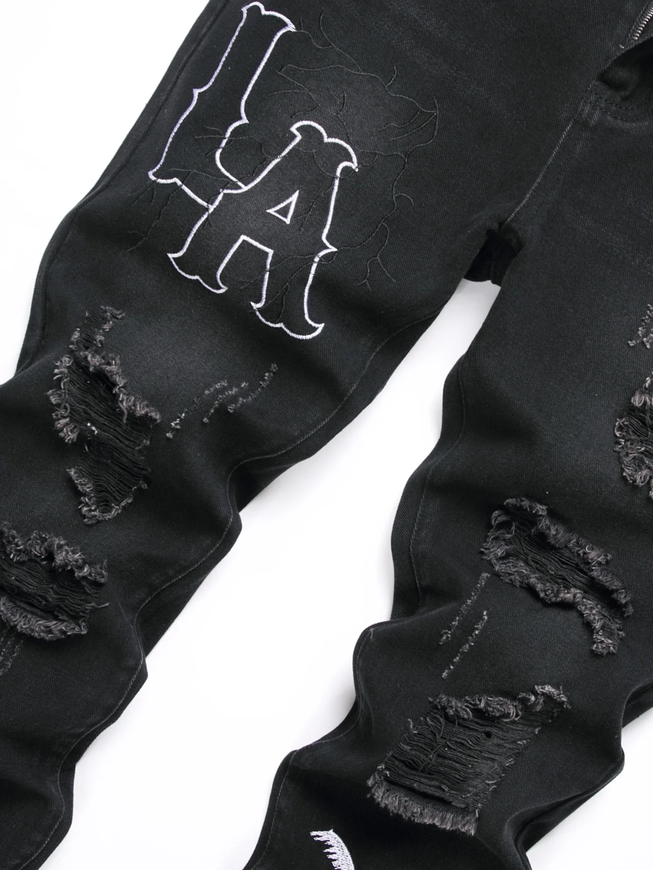 Men's Jeans Black Denim Pants Straight Leg Comfort Mid Waist White Embroidery Casual Streetwear Spring Slim Fit Trousers - Image 3