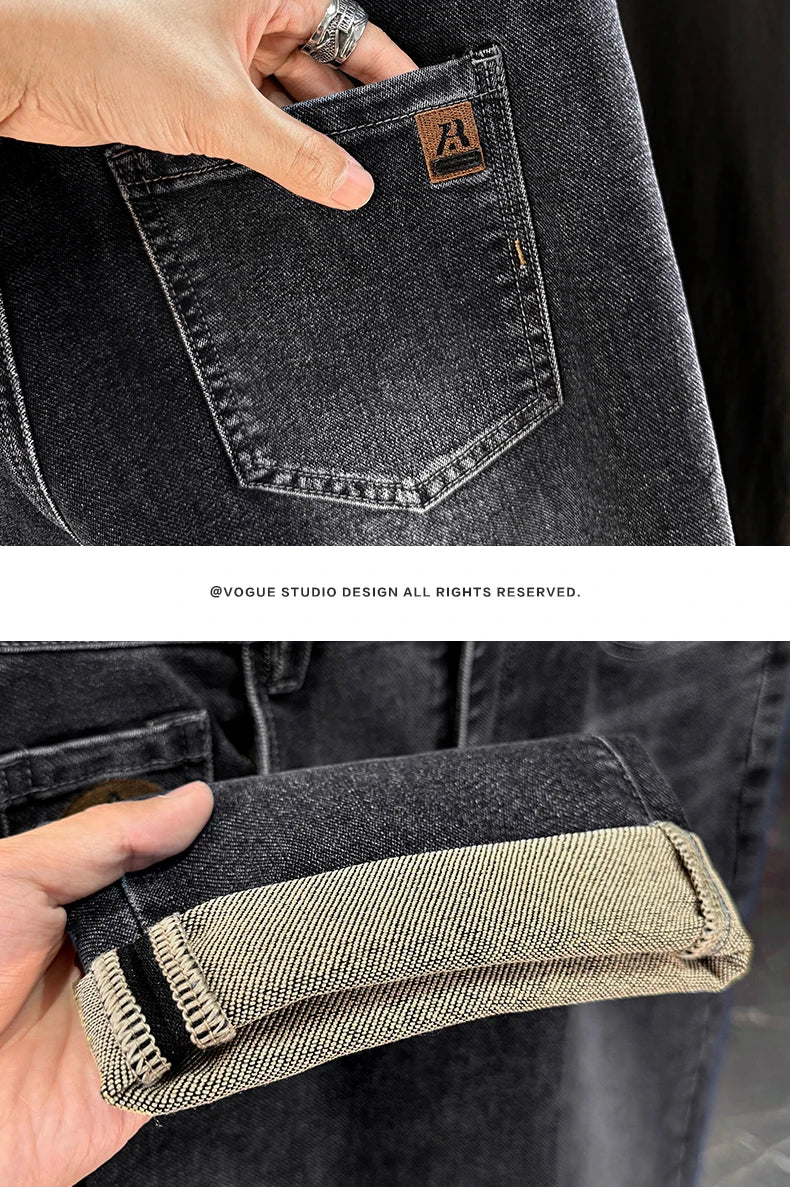 Men's Jeans Casual Long Straight Stretch Denim Pants Autumn Winter Classic Belted Jeans Korean Fashion Blue Black Jean Trousers - Image 10