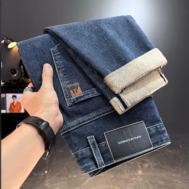 Men's Jeans Casual Long Straight Stretch Denim Pants Autumn Winter Classic Belted Jeans Korean Fashion Blue Black Jean Trousers - Image 2