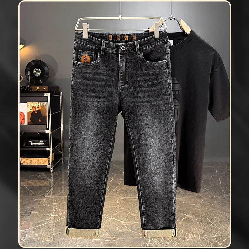 Men's Jeans Casual Long Straight Stretch Denim Pants Autumn Winter Classic Belted Jeans Korean Fashion Blue Black Jean Trousers - Image 5