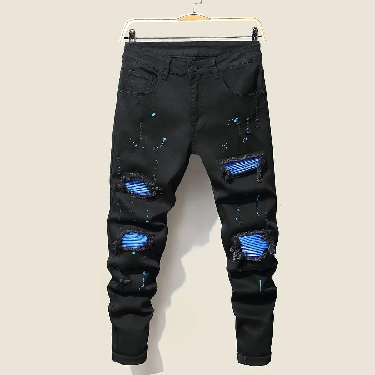Men's Jeans Cool Ripped Skinny Trousers Stretch Slim Denim Jeans Pants Patchwork Hip Hop Black Blue Casual Jogging Jeans for Men - Image 6