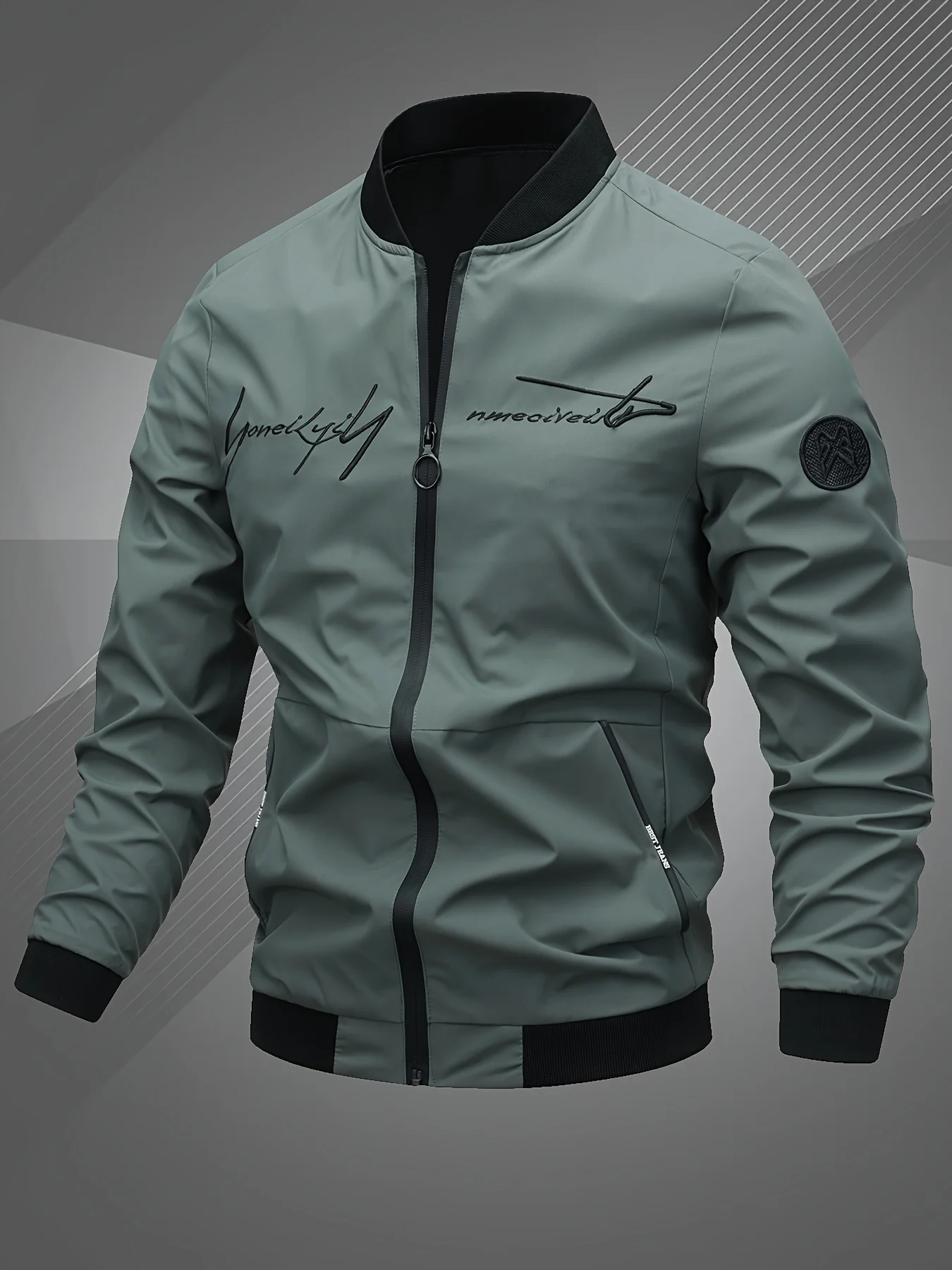 Men'S Letter Embroidered Casual Bomber Jacket - Image 5