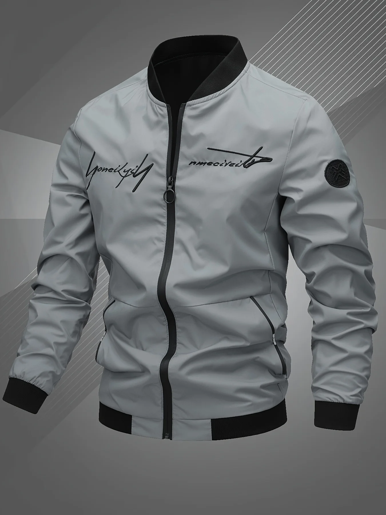 Men'S Letter Embroidered Casual Bomber Jacket - Image 6