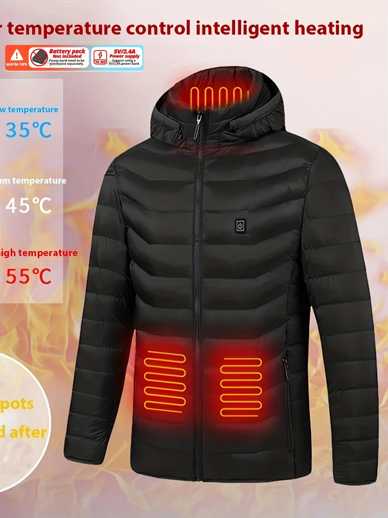 Men's Lightweight Heated Jacket - USB-Powered, Quilted Winter Coat with Adjustable Temperature Control, Zip-Up Hooded Design, Long Sleeves, Outdoor Warmth (Battery Not Included), Winter Jacket - Image 2