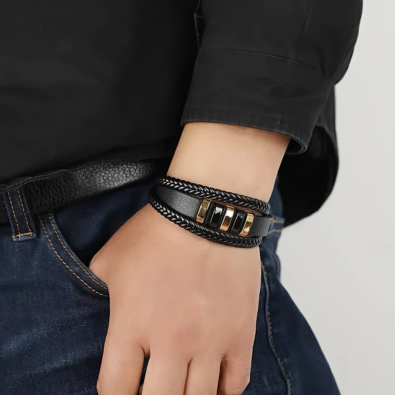 Men's Magnetic Clasp Faux Leather Woven Multilayer Bracelet - Golden-Tone Accents, Minimalist Modern Design for Casual & Formal Wear - Image 4