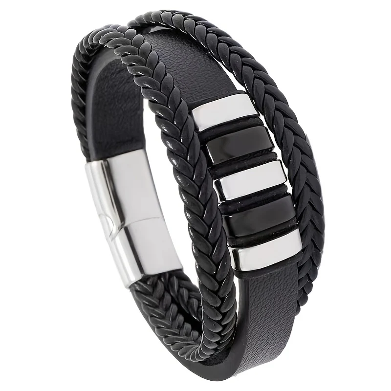 Men's Magnetic Clasp Faux Leather Woven Multilayer Bracelet - Golden-Tone Accents, Minimalist Modern Design for Casual & Formal Wear - Image 5