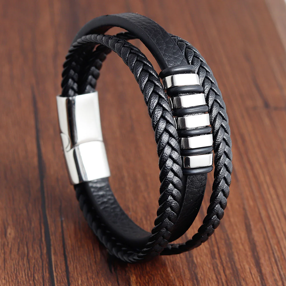 Men's Magnetic Clasp Faux Leather Woven Multilayer Bracelet - Golden-Tone Accents, Minimalist Modern Design for Casual & Formal Wear - Image 7
