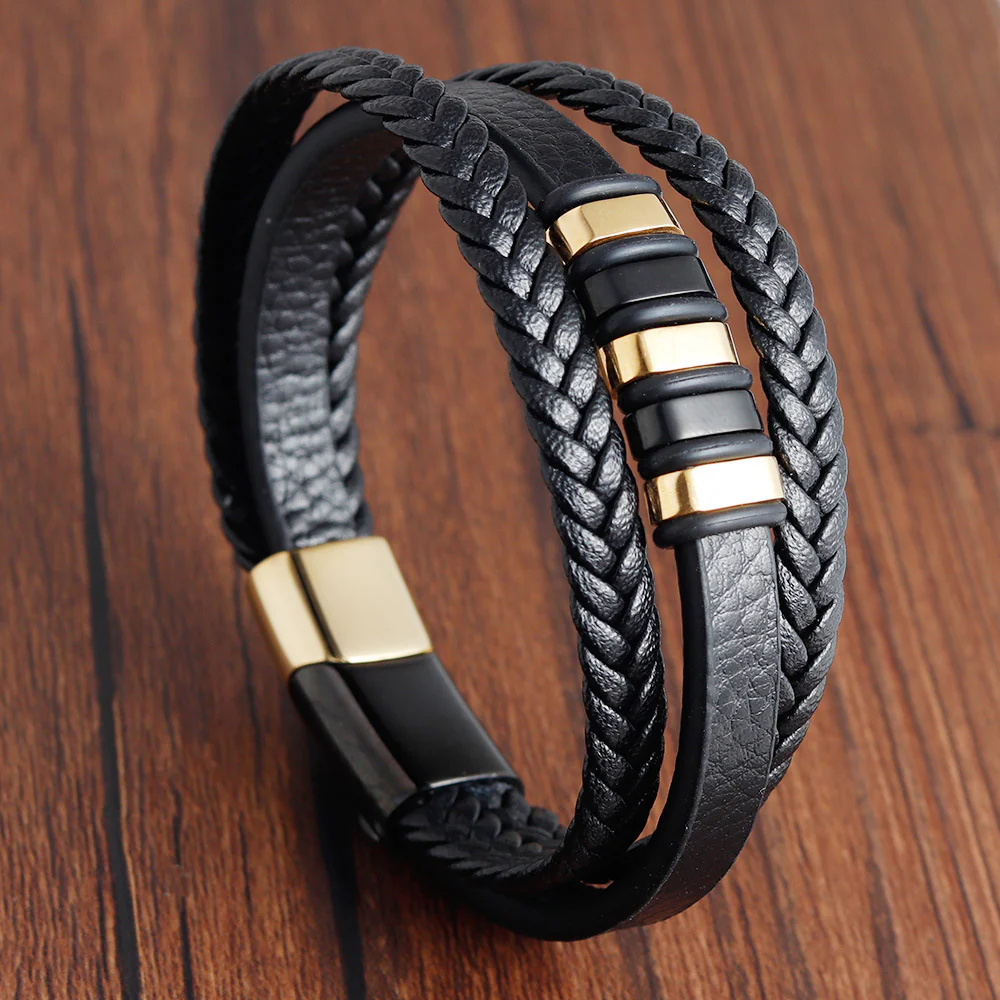 Men's Magnetic Clasp Faux Leather Woven Multilayer Bracelet - Golden-Tone Accents, Minimalist Modern Design for Casual & Formal Wear - Image 9