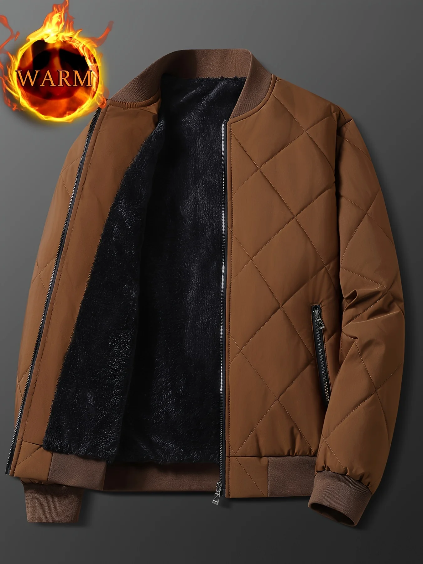 Men's Regular Fit Solid Color Sherpa Lined Varsity Jacket, Casual Fleece Lined Baseball Jacket Coat for Winter Autumn