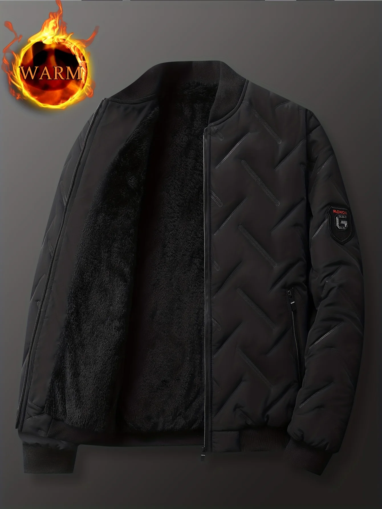 Men's Regular Fit Solid Color Sherpa Lined Varsity Jacket, Casual Fleece Lined Baseball Jacket Coat for Winter Autumn - Image 2