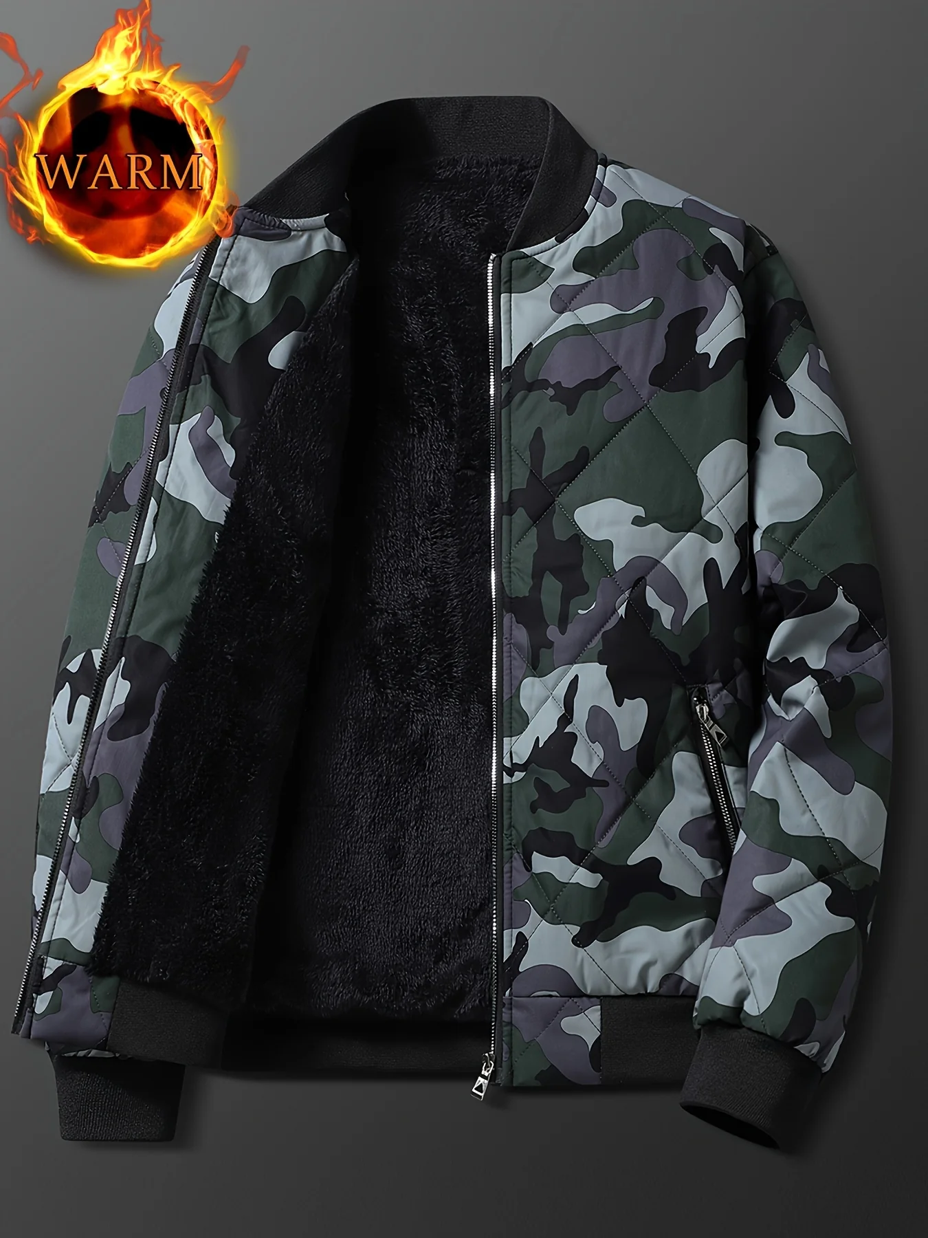 Men's Regular Fit Solid Color Sherpa Lined Varsity Jacket, Casual Fleece Lined Baseball Jacket Coat for Winter Autumn - Image 3