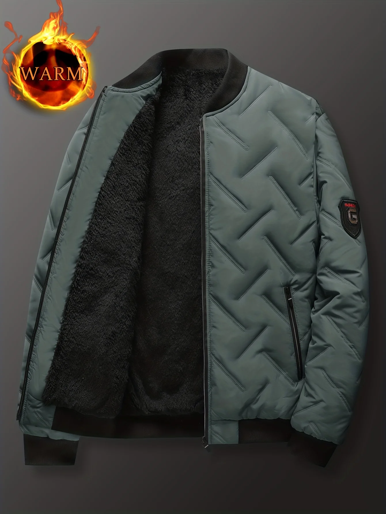 Men's Regular Fit Solid Color Sherpa Lined Varsity Jacket, Casual Fleece Lined Baseball Jacket Coat for Winter Autumn - Image 8